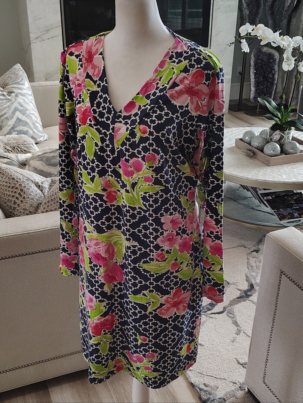 IBKUL Navy Floral V-Neck Athletic Dress with Pink & Lime Green Accents Sporty